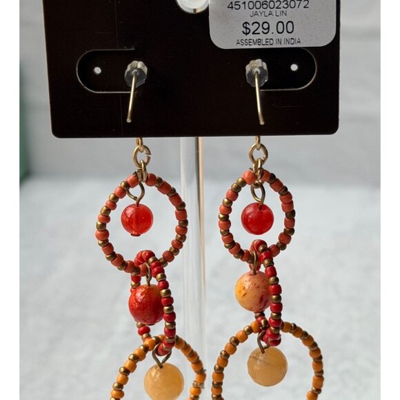 Vintage 1990s Chico’s Beaded Loop Dangle Earrings Red Orange Brass Statement - Picture 3 of 6